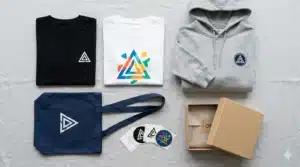 Flat lay of custom printed promotional merchandise including a black t-shirt with chest logo, white t-shirt with colourful screen printed design, grey embroidered hoodie, navy printed tote bag, branded stickers and kraft gift box from Indigo Clothing
